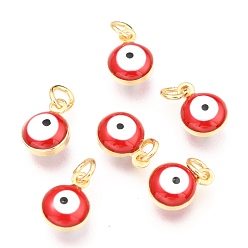 Red Brass Enamel Charms, Real 18K Gold Plated, Long-Lasting Plated, with Jump Ring, Evil Eye, Red, 9.5x6.5x4.5mm, Hole: 2.5mm