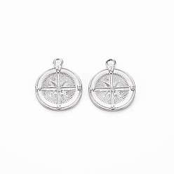 Real Platinum Plated Brass Micro Pave Clear Cubic Zirconia Pendants, Nickel Free, Flat Round with Star, Real Platinum Plated, 16.5x14x1.5mm, Hole: 1.5mm