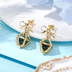 Морско-зеленый Серьги-гвоздики с бантом из натурального тигрового глаза, с латунными серьгами, золотые, цвета морской волны, 25x15 мм