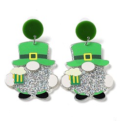 Lime Green Saint Patrick's Day Sparkling Acrylic Dangle Stud Earrings, Gnome, Lime Green, 61x36.5mm