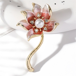 Лосось Эмалевые булавки в виде лотоса, броши из цинкового сплава со стразами для одежды-рюкзака, с ABS имитации жемчуга, salmon, 55x35 мм