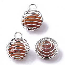 Красный Агат Железные спиральные подвески для бусин, с бусинами из натурального сердолика внутри, круглые, платина, 21x24~26 мм, отверстие : 5 мм
