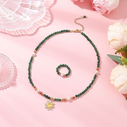 Зеленый Комплекты украшений из белого нефрита, с подвесками из непрозрачного стекла, имитирующими кошачий глаз, включая ожерелья и кольца, зелёные, 422 мм