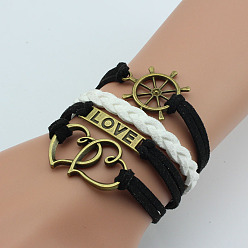 Черный Многорядные браслеты из искусственной кожи и пенькового шнура, сплав любовь и сердце подвески браслеты для женщин, чёрные, 6-1/4~7-1/8 дюйм (16~18 см)