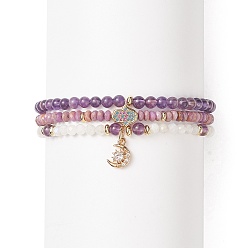 Mixed Stone 3Pcs 3 Style Natural Mixed Gemstone Beaded Stretch Bracelets Set, Cubic Zirconia Hamsa Hand & Moon Charms Stackable Bracelets for Women, Inner Diameter: 2-1/8 inch(5.5cm), 1Pc/style