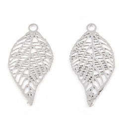 Платина Стойки обшивки латунь филигранные подвески, долговечный, лист прелести, без кадмия, без никеля и без свинца, платина, 19x10x0.4 мм, отверстие : 1 мм