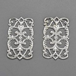 Silver Brass Filigree Joiners, Rectangle, Silver Color Plated, 25x15x0.6mm