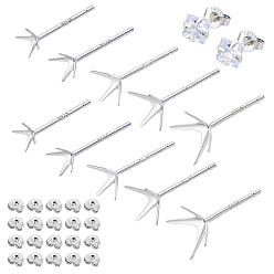 Silver 10Pairs 5 Styles 925 Sterling Silver Ear Studs, 4-Prong Earrings Settings with 10Pairs Rhodium Plated Sterling Silver Friction Ear Nuts, Silver, 4.5~11x3.5~7.5mm