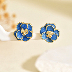 Синий Серьги-гвоздики из латуни с цветком, реальный 18 k позолоченный, синие, 16x16 мм