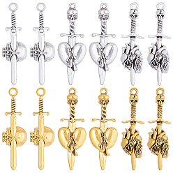 Античный Серебрянный & Античный Золотой 36 шт 6 стиль тибетского сплава большие подвески, меч с подвеской в виде черепа/сердца, старинное серебро и античный золотой, 49~55.5x17~18.5x5~7 мм, отверстие : 2~3.2 мм, 6 шт / стиль