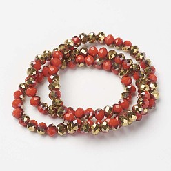 Red Electroplate Opaque Glass Beads Strands, Half Golden Plated, Faceted, Rondelle, Red, 4x3mm, Hole: 0.4mm, about 130pcs/strand, 16.54 inch(42cm)