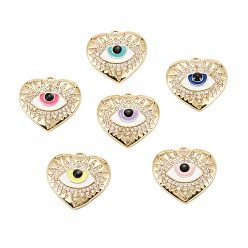 Mixed Color Brass Micro Pave Clear Cubic Zirconia Pendants, with Enamel, Long-Lasting, Heart & Eye, Real 18K Gold Plated, Mixed Color, 19x19.5x3.5mm, Hole: 1.4mm