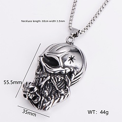 Skull Gothic 316 Surgical Stainless Steel Pendant Box Chain Necklaces for Men, Silver Color Plated, Skull, 23.62 inch(60cm)