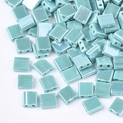 Medium Turquoise 2-Hole Opaque Glass Seed Beads, Lustered, Rectangle, Medium Turquoise, 5x4.5~5.5x2~2.5mm, Hole: 0.5~0.8mm