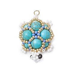 Бирюза Подвески из стеклянных бусин ручной работы, ткацкие станки, подвески в виде черепахи из синтетической бирюзы, бирюзовые, 33.5x24x8 мм, отверстие : 2.5 мм