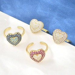 Mixed Color Heart Brass Micro Pave Cubic Zirconia Cuff Open Rings for Women, Cadmium Free & Lead Free, Rack Plating, Real 18K Gold Plated, Mixed Color, 18mm