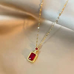 Red Micro Pave Cubic Zirconia and Alloy Square Pendant Necklace, Titanium Steel Dapped Chain Necklaces, Red, 19.69 inch(50cm)