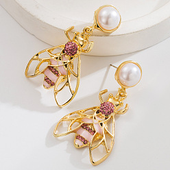 Pink Ohrstecker aus einer Legierung aus Emaille und Kunststoff mit Perlen, Bienen, golden, rosa, 50x30 mm