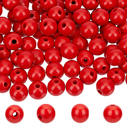 Red Spray Painted Round Natural Schima Wood Beads, Red, 13~14x12.9mm, Hole: 2.8~3.5mm, 150pcs/set