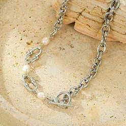 Нержавеющая Сталь Цвет 304 из нержавеющей стали кабель цепи ожерелья, ожерелья из натурального пресноводного жемчуга для женщин, цвет нержавеющей стали, 19.80 дюйм (50.3 см)