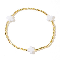 Белый Браслеты из латуни с бусинами и эластичной лентой, тонкие золотые цепочки, модные ювелирные аксессуары для женщин, розовое золото , белые, 6.89 дюйм (17.5 см)