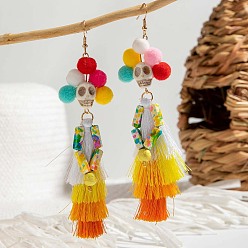 Разноцветный Серьги-кисточки из сплава, смолы и хлопкового шнура на Хэллоуин, череп, золотые, красочный, 100x32 мм