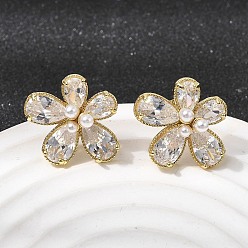 Золотой Серьги-гвоздики из латуни с микро-паве и прозрачным фианитом, с abs имитационными жемчужными бусинами , долговечный, без кадмия и без свинца, золотые, 16.5x19 мм