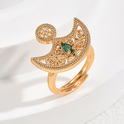 Зеленый Регулируемые кольца для женщин с микропаве из латуни и кубическими цирконами, луна, золотые, зелёные