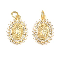 Chapado en Oro Real de 16K Colgantes religiosos de latón con micropavé de circonitas cúbicas transparentes, óvalo con dijes de virgen maría, real 16 k chapado en oro, 18.5x13x3 mm, agujero: 3 mm
