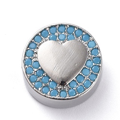 Платина Латунные микро проложить кубического циркония бусы, плоско-круглые с сердцем, голубой, платина, 12x5 мм, отверстие : 2 мм
