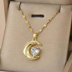 Золотой Луна и сердце 304 ожерелья с подвесками из нержавеющей стали с микропаве из прозрачных кубических цирконий, золотые, 15.75~17.72 дюйм (40~45 см)