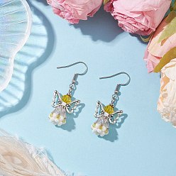 Желтый Серьги-подвески из стеклянных бусин ручной работы в виде ангела для женщин, 304 нержавеющей стали серьги крюков, античное серебро, желтые, 44.5x18 мм