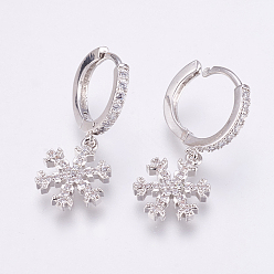 Platinum Brass Micro Pave Cubic Zirconia Dangle Hoop Earrings, Snowflake, Clear, Platinum, 28mm, Pin: 1mm