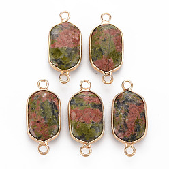 Unakite Natural Unakite Link Connectors, with Golden Plated Brass Edge and Loop, Faceted, Oval, 29x13x6~7mm, Hole: 2mm
