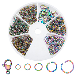 Rainbow Color 530 шт. 5 стили 304 комплекты открытых соединительных колец из нержавеющей стали, с 304 из нержавеющей стали Lobster Claw застежками, Радуга цветов, 4~10x0.6~1 мм