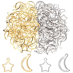 Золотой & Цвет Нержавеющей Стали 140шт 4 стили 304 подвески из нержавеющей стали, Луна и звезды, золотые и нержавеющая сталь цвет, 15x9x1 мм, отверстие : 1 мм, 35 шт / цвет
