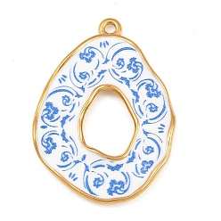 Golden Printed 304 Stainless Steel Pendants, Irregular Teardrop with Floral Pattern Charms, Blue, Golden, 34~34.5x24~24.5x2.5~3mm, Hole: 1.9mm