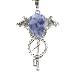 Sodalite Natural Sodalite Pendants, with Platinum Plated Brass Findings, Wing with Key Charms, 47x32x11mm