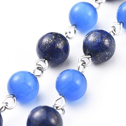 Lapis Lazuli Handmade Natural Lapis Lazuli Beaded Chains, Unwelded, with Cat Eye Beads and 304 Stainless Steel Eye Pin, Round, Stainless Steel Color, 15x8mm, 39.37 inch(1m)/strand