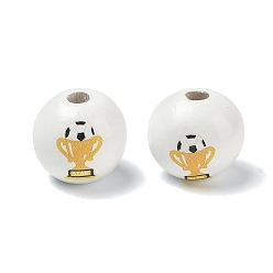 White Wood European Beads, Round with Football & Trophy Pattern, Large Hole Beads, White, 16x15mm, Hole: 4mm