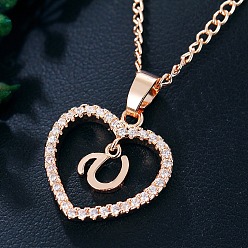 Letter U Ожерелья с подвеской в форме сердца из латуни с микропаве из прозрачного кубического циркония, розовое золото , Буква U, 17.72 дюйм (45 см)