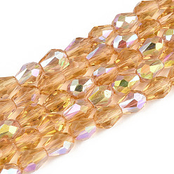 (932FM) Темно-синий аква-матовый с подкладкой Прозрачные стеклянные бусины гальваническим пряди, слеза, с половинным покрытием ab цвета, граненые, темно-золотистые, 7.5~8x5.5~6 мм, отверстие : 1~1.2 мм, около 65~66 шт / нитка, 19.69~20.28 дюйм (50~51.5 см)