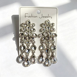 Crystal Alloy Rhinestone Flower Teardrop Stud Dangle Earrings for Women, Golden, Crystal, 65mm