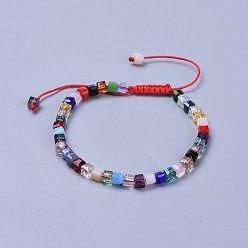 Red Adjustable Nylon Cord Braided Bead Bracelets, with Faceted Transparent Glass Cube Beads, Red, 2-1/8 inch~3-1/8 inch(5.4~8cm)