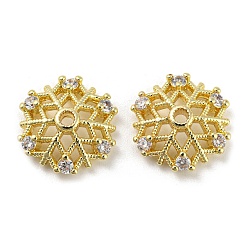 Golden Brass Micro Pave Cubic Zirconia Bead Cap, Multi-Petal, Long-Lasting Plated, Lead Free & Cadmium Free, Snowflake, Golden, 12x11.5x3.5mm, Hole: 1.4mm