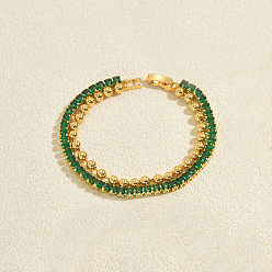 Зеленый Элегантные теннисные браслеты из латуни с микропаве из кубического циркония, Двухслойные браслеты из шариковой цепочки для женщин, квадратный и круглый, золотые, зелёные, 7.48 дюйм (19 см)