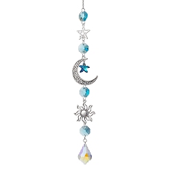 Blue Glass Pendant Decorations, With Alloy Finding, Star with Moon, Blue, 300mm
