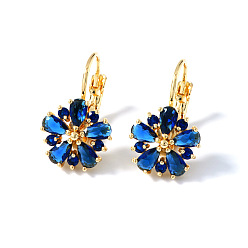 Синий Элегантные винтажные серьги-кольца из латуни с цветком, с кубического циркония, золотые, синие, 21x12 мм