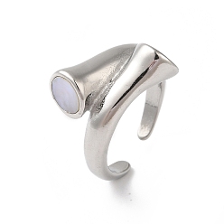 White Shell Open Cuff Ring for Women, 304 Stainless Steel Bypass Finger Ring, Real 18K Gold Plated, Stainless Steel Color, White, 10.5mm, Inner Diameter: Adjustable