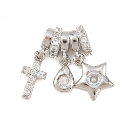 Платина Латунные микропаве прозрачные подвески с фианитом, звезда с подвесками в виде креста и капли, без кадмия и без свинца, стойки покрытие, долговечный, платина, 16 мм, отверстие : 2.5x1.5 мм, крест: 10.5x5x2 мм, слеза: 7x4.5x2 мм, звезды: 9.5x8x2 mm
